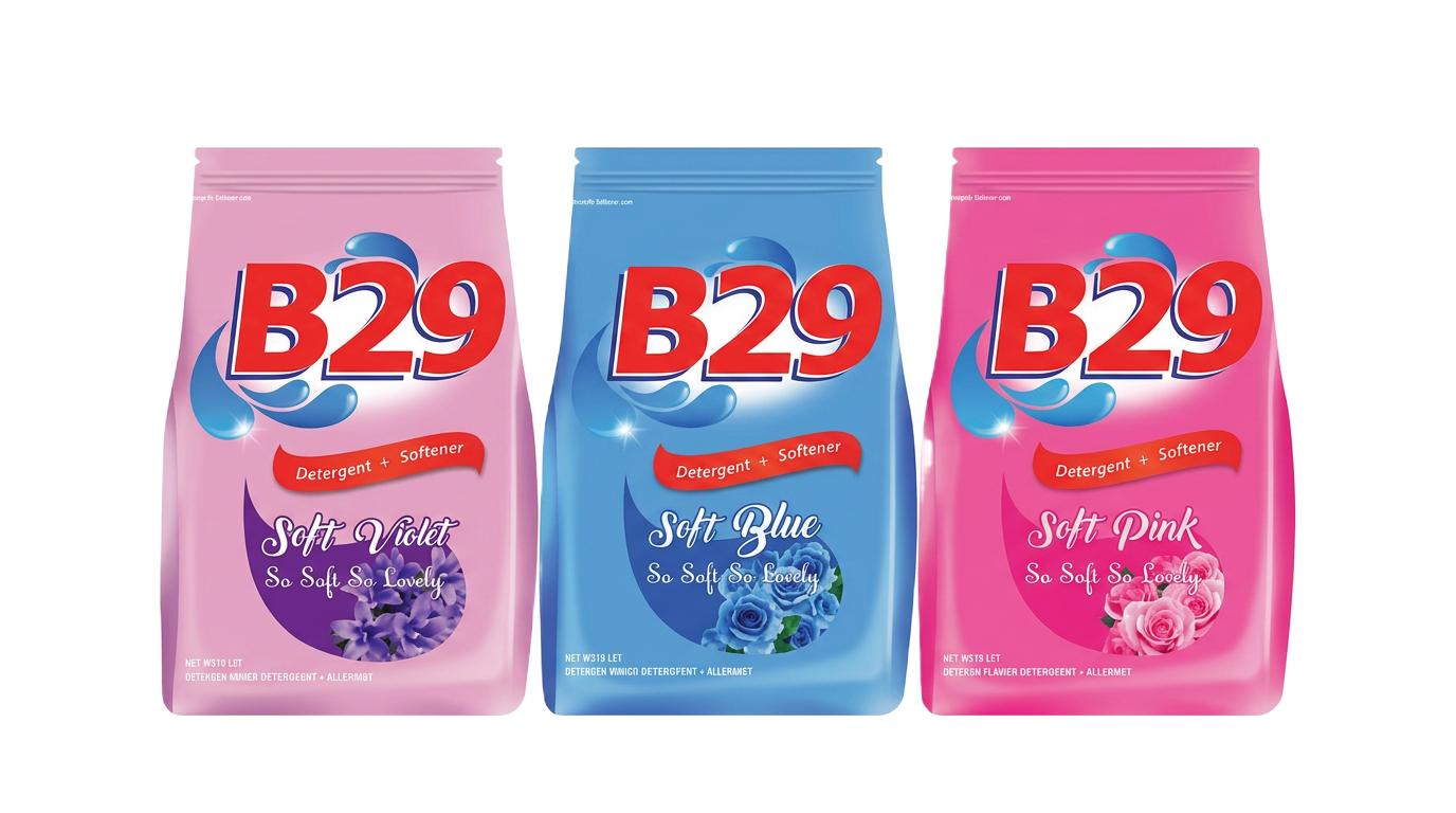B29 Detergent + Softener — Soft Pink · Blue · Violet — B29